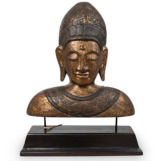 Chinese Carved Wood Buddha Bust