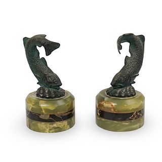 Pair Of Bronze and Onyx Koi Fish Bookends