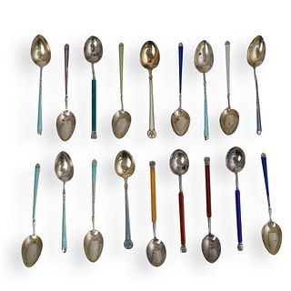 (18 Pc) Sterling Silver Enameled Tea Spoons