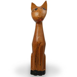 Mid Century Carved Wood Cat