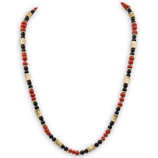 Chinese Beaded Coral, Onyx and 14k Necklace