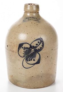 STAMPED "WEST TROY, NY POTTERY" DECORATED STONEWARE JUG