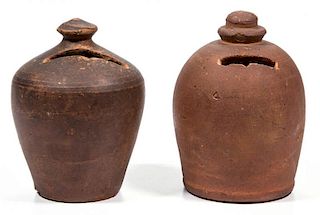 AMERICAN EARTHENWARE / REDWARE PENNY BANKS, LOT OF TWO