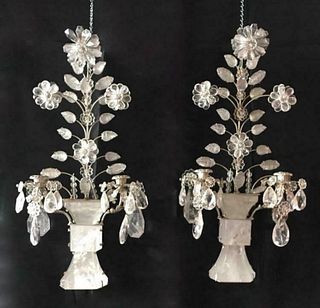 PAIR OF CLEAR ROCK CRYSTAL FLORAL WALL SCONCES