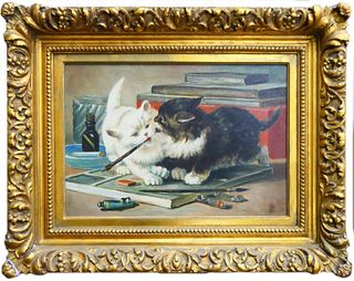 ANTIQUE OIL PAINTING OF 2 CATS SIGNED IN INITIALS
