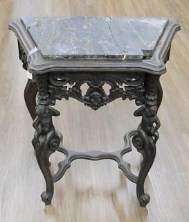 ANTIQUE CARVED WOODEN CHERUBS END TABLE