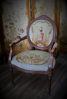 ANTIQUE CARVED WOODEN FRENCH NEEDLEPOINT CHAIR