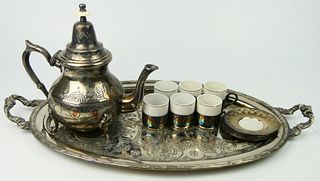 VINTAGE MORROCAN SLIVER PLATED TEA SET WITH TRAY