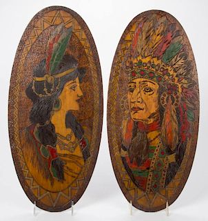 PAIR OF PYROGRAPHIC NATIVE AMERICAN PORTRAITS