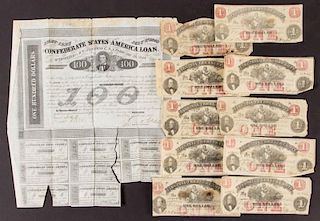 ASSORTED VIRGINIA AND CONFEDERATE CIVIL WAR BONDS AND TREASURY NOTES, LOT OF 11