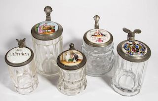 ASSORTED GERMAN GLASS STEINS, LOT OF FIVE