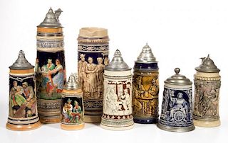 ASSORTED GERMAN POTTERY STEINS, LOT OF EIGHT