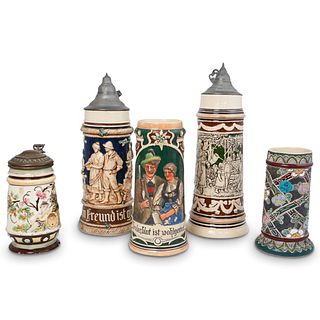 (5 Pc) Antique German Ceramic Beer Steins