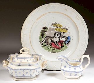ENGLISH STAFFORDSHIRE POTTERY ABC PLATE AND TWO TOY DINNERWARE ARTICLES, LOT OF THREE