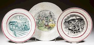 ENGLISH STAFFORDSHIRE POTTERY ABC AND CHILDREN'S PLATES, LOT OF THREE