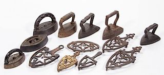 ASSORTED CAST-IRON TOY FLAT IRONS AND TRIVETS, LOT OF 12 PIECES