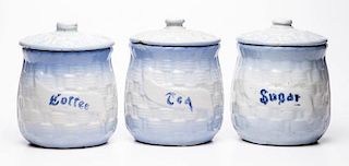 BLUE AND WHITE SALT-GLAZED CERAMIC CANISTERS, LOT OF THREE