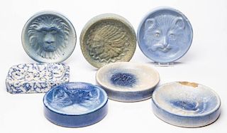 BLUE AND WHITE SALT-GLAZED CERAMIC SOAP DISHES, LOT OF SIX