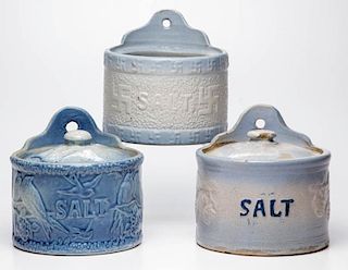 BLUE AND WHITE SALT-GLAZED CERAMIC SALT HOLDERS, LOT OF THREE
