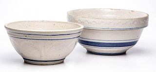 BLUE AND WHITE SALT-GLAZED CERAMIC MIXING BOWLS, LOT OF TWO