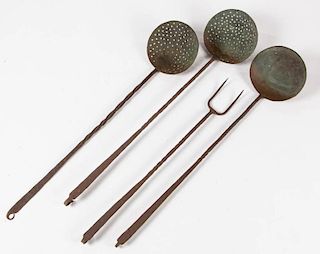 AMERICAN WROUGHT-IRON HEARTH COOKING UTENSILS, LOT OF FOUR