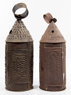PUNCHED TIN / SHEET IRON CANDLE LANTERNS, LOT OF TWO