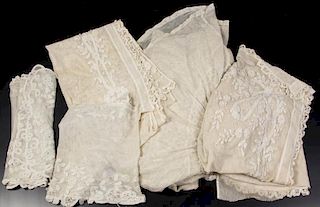 VICTORIAN NETTED LACE BED COVER / CANOPY AND PANELS, LOT OF SIX