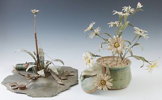 Joey Bonhage (1948-2008, New Orleans), "Daisies in a Ceramic Pot," and "Wildflowers in the Trash," 20th c., two metal sculptures, the second mounted o