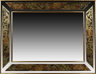 French Louis Philippe Style Eglomise and Cut Glass Overmantle Mirror, 20th c., the gilt wood frame around eglomise panel sides with cut edges, and a g