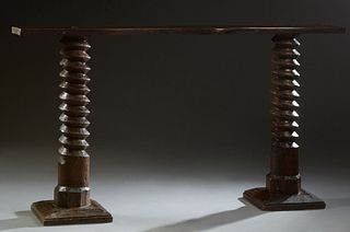 Unusual French Provincial Carved Oak Console Table, 19th c., and later, the bowed top on two wine press screw supports, on square sloping bases, H.- 4