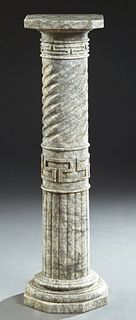 French Carved Highly Figured Grey Marble Pedestal, early 20th c., the octagonal top on a Greek key and swirled reeded support, to a stepped octagonal 