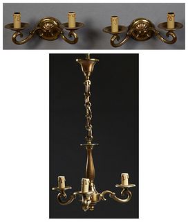 Diminutive Three Light Louis XV Style Brass Chandelier, 20th c., with a tapered baluster support to a base issuing three scrolled "candle" arms, with 