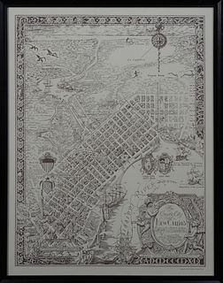 Nathaniel Cortland Curtis, "The Creole City of New Orleans," map, copyright 1930, presented in an ebonized frame, H.- 28 3/4 in., W.- 21 1/2 in.