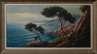Normand, "Riviera Coastal Scene," 20th c., oil on canvas, signed lower left, presented in a reeded wood frame, H.- 24 in., W.- 48 in.