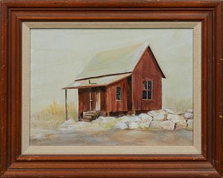 Ann Mount (Georgia), "Georgia Cabin," 20th c., oil on masonite. signed lower left, presented in a mahogany frame with a linen liner, H.- 7 7/8 in., W.