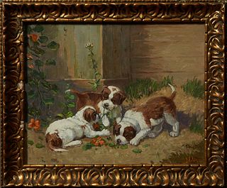 J. Colin (1881-1961, Dutch), "Puppies at Play," 20th c., oil on canvas, signed lower right, presented in a relief gilt and gesso frame, H.- 15 1/2 in.
