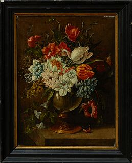 Dutch School, "Still Life of Flowers in a Glass Bowl," 18th c., oil on panel, presented in a wide ebonized frame with a gilt liner, H.- 21 in., W.- 15