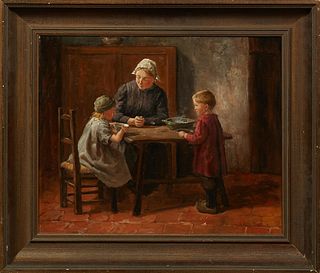 Hendricus Antonius Dievenbach (1872-1946, Dutch), "At the Kitchen Table," 19th c., oil on canvas, signed lower right, presented in a wide gilt frame, 