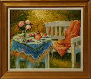 Henri Joseph Pauwels (1903-1983, Belgian), "Breakfast in the Garden," 20th c., oil on canvas, signed lower right, presented in a wide gilt frame with 