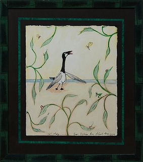 Alex Beard (1970-, New Orleans), "Bird and Insects," 2000, ink and gouache on paper, the bottom with an ink presentation "To Mary... Happy Birthday fr