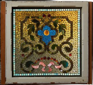 American Leaded Stained Glass Window, early 20th c., mounted with clear, colored and slag glass, and faceted "jewels," in a pine frame, H.- 30 1/2 in.