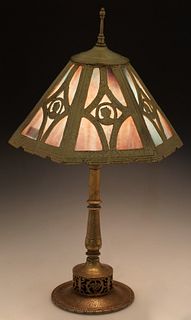 American Bronze Arts and Crafts Lamp, early 20th c., with two Benjamin sockets atop a tapered cylindrical support to a knopped socle, on a pierced pli