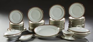 Sixty-One Piece Set of French Porcelain Dinnerware, late 19th c., marked "JS," consisting of 30 dinner plates, 11 soup bowls, 12 salad plates, a doubl