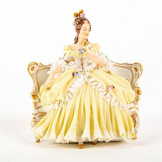 German Porcelain Lace Figural Group, Lady Seated In Yellow