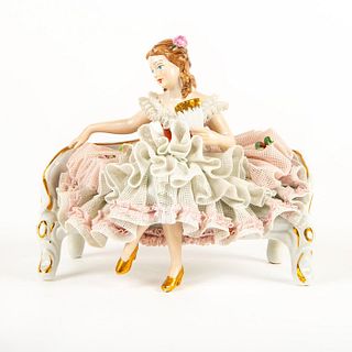 W R Dresden Art Figurine, Seated Woman With Fan