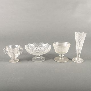 3 Vintage Clear Glass Pedestal Dessert Cups; 1 Vase