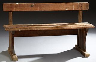 Diminutive French Provincial Carved Pine Garden Bench, early 20th c., with a single slat back over a three slat seat, on trestle supports, H.- 25 in.,
