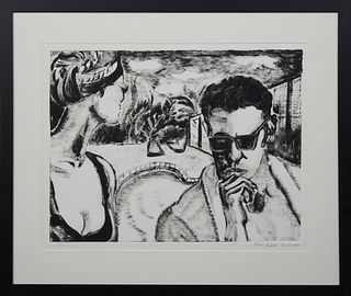 Richard Pendleton (New Orleans), "A Couple by the Pool," June 28, 1999, charcoal, signed and dated lower right, presented in an ebonized frame, H.- 19