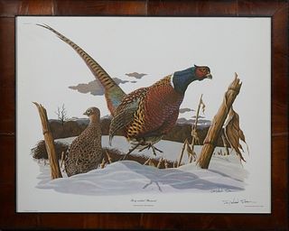 Richard Sloan (1935-2007, Chicago), "Ring-necked Pheasant," 1969, Plate No. 3, colored print, pen signed lower right, presented in a wide walnut frame