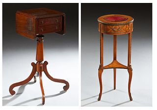 French Louis Philippe Carved Mahogany Dropleaf Nightstand, 19th c., the reeded edge top over the drop leaves and two drawers on one end, on a turned t